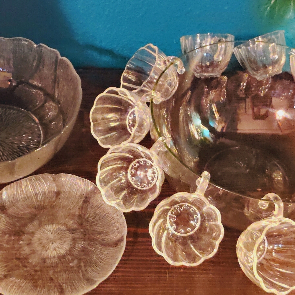 Vintage Glass Punch Bowl Set with Cups